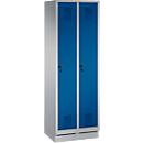 Garderobekast Evolo S 3000, met sokkel, 2 vakken, veiligheidsslot, wit aluminium RAL 9006/gentiaanblauw RAL 5010