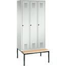 Garderobenspind Evolo S 3000, Stahl, m. untergeb. Sitzbank, 3 Abteile m. jew. B 300 mm, Zylinderschloss, lichtgrau RAL 7035/lichtgrau RAL 7035