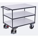 Heavy-duty ESD table trolley, steel/chipboard, graphite grey/light grey, 3 shelves, L 1000 x W 700 mm, TPE castors with EasySTOP, up to 500 kg