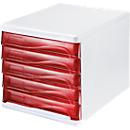 helit drawers, 5 drawers, DIN A4, polypropylene, white housing/drawers red transparent