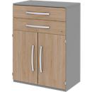 Highboard BARI, 3 HC, 2 tiroirs, 2 portes, 1 étagère, l. 819 x P 430 x H 1117 mm, coloris chêne/gris moyen