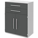 Highboard BARI, 3 HC, 2 tiroirs, 2 portes, 1 étagère, l. 819 x P 430 x H 1117 mm, gris clair/anthracite