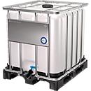 IBC Container, 1000 Liter, UN-Zulassung, Kunststoffdeckel, Stahl-Kreuzverband, Stahltraverse, auf Kunststoffpalette, B 1200 x T 1000 x H 1163 mm