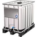 IBC Container, 600 Liter, UN-Zulassung, Kunststoffdeckel, Stahl-Kreuzverband, Stahltraverse, auf Kunststoffpalette, B 1200 x T 1000 x H 1013 mm