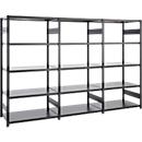 Insteekstelling ORDO Business - stalen - 1 basisrek + 2 aanbouwrekken - modulair - B 3980 x D 635 x H 2500 mm - draagvermogen 1000 kg - 15 legborden - gitzwart RAL 9005