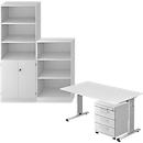 Juego completo escritorio/armario auxiliar/armario estantería/estantería ULM, gris luminoso