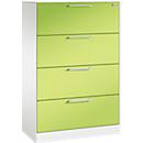 Karteikartenschrank, 2-bahnig für A4 quer, 4 Schübe mit Vollauszug & Bügelgriffen, Zentralverschluss, B 800 x T 435 x H 1298 mm, weiß/viridingrün