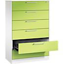 Karteikartenschrank, 3-bahnig für A5 quer, 6 Schübe mit Vollauszug & Bügelgriffen, Zentralverschluss, B 800 x T 435 x H 1298 mm, weiß/viridingrün