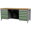 Kastenwerkbank Bedrunka+Hirth, Buche-Multiplex-Arbeitsplatte, 9 Schübe & halber Fachboden + Rückwand, abschliessbar, bis 1000 kg, B 2000 x T 750 x H 859 mm