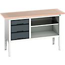 Kastenwerkbank Bott verso, Multiplex-Platte, 3 Schubladen & 1 Ablageboden, B 1500 x T 600 x H 830 - 930 mm, RAL 7035 Lichtgrau / Anthrazitgrau
