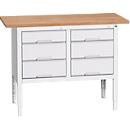 Kastenwerkbank Bott verso, Multiplex-Platte, 6 Schubladen, B 1250 x T 600 x H 830 - 930 mm, RAL 7035 Lichtgrau