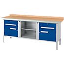 Kastenwerkbank Schäfer Shop Select PW 200-0, Buche Multiplexplatte, mit Stahlkante, bis 750 kg, B 2000 x T 700 x H 840 mm, Enzianblau