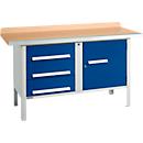 Kastenwerkbank Schäfer Shop Select PWi 150-4, Buche Multiplexplatte, mit Stahlkante, bis 750 kg, B 1500 x T 700 x H 840 mm, Enzianblau