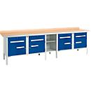 Kastenwerkbank Schäfer Shop Select PWi 300-0, Buche Multiplexplatte, mit Stahlkante, bis 750 kg, B 3000 x T 700 x H 840 mm, Enzianblau