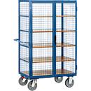 Kastwagen met roosterwanden, met dubbele vleugeldeur, afsluitbaar, 5 houten legborden, tot 750 kg, 1000 x 680 mm, blauw