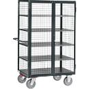Kastwagen met roosterwanden, met dubbele vleugeldeur, afsluitbaar, 5 houten legborden, tot 750 kg, 1000 x 680 mm, grijs