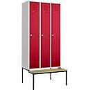 Kledinglocker, 3 compartimenten, 300 mm, draaigrendelslot, zitbank Deur robijnrood