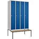 Kledinglocker, 4 compartimenten, 300 mm, draaigrendelslot, zitbank deur gentiaanblauw