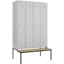 Kledinglocker, 4 compartimenten, 300 mm, draaigrendelslot, zitbank deur lichtgrijs