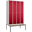 Kledinglocker, 4 compartimenten, 300 mm, draaigrendelslot, zitbank Deur robijnrood