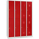 Kledinglocker, 4 compartimenten in twee rijen, B 1170 x H 1950 mm cilinderslot, lichtgrijs/vuurrood