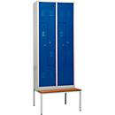 Kledinglocker, 4 compartimenten, met zitbank, B 800 x H 2200 mm, cilinderslot, lichtgrijs/gentiaanblauw