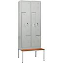 Kledinglocker, 4 compartimenten, met zitbank, B 800 x H 2200 mm, cilinderslot, lichtgrijs/lichtgrijs