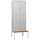 Kledinglocker, 4 compartimenten, met zitbank, B 800 x H 2200 mm, draaigrendelslot, lichtgrijs/lichtgrijs