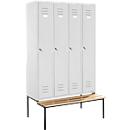 Kledinglocker, 4 compartimenten, Zitbank cilinderslot, 102 kg lichtgrijs