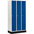 Kledinglocker met 3 compartimenten, 300 mm, draaigrendelslot, met fitting, deur gentiaanblauw