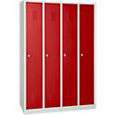 Kledinglocker - stalen - B 1170 x H 1800 mm - 4 deuren - draaislot- lichtgrijs en rood