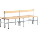 Kleedkamerbank, stalen buizen/hout, dubbel, met rugleuning, L 1500 mm, blank aluminium