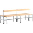 Kleedkamerbank, stalen buizen/hout, dubbel, met rugleuning, L 2000 mm, blank aluminium
