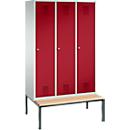 kleerkast Evolo S 3000, bankje eronder, 3 compartimenten, staal, cilinderslot, lichtgrijs/rood, lichtgrijs/rood