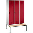 kleerkast Evolo S 3000, bankje onderin, 3 compartimenten, staal, veiligheidsslot, lichtgrijs/rood/ robijnrood