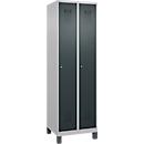 Kleiderspind C+P Evolo Plus, 2 Abteile, 300 mm Abteilbreite, mit Füßen, Anschlag rechts, Zylinderschloss, B 600 x T 500 x H 1950 mm, weißaluminium/anthrazitgrau