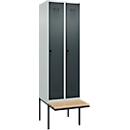 Kleiderspind C+P Evolo Plus, 2 Abteile à 300 mm Breite, schwebende Sitzbank, B 600 x T 815 x H 2120 mm, Drehriegel, lichtgrau/anthrazitgrau