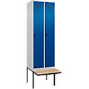 Kleiderspind C+P Evolo Plus, 2 Abteile à 300 mm Breite, schwebende Sitzbank, B 600 x T 815 x H 2120 mm, Drehriegel, lichtgrau/enzianblau