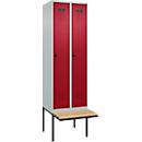 Kleiderspind C+P Evolo Plus, 2 Abteile à 300 mm Breite, schwebende Sitzbank, B 600 x T 815 x H 2120 mm, Drehriegel, lichtgrau/rubinrot