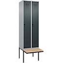 Kleiderspind C+P Evolo Plus, 2 Abteile à 300 mm Breite, schwebende Sitzbank, B 600 x T 815 x H 2120 mm, Drehriegel, weißaluminium/anthrazitgrau