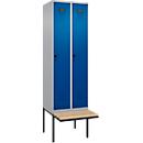 Kleiderspind C+P Evolo Plus, 2 Abteile à 300 mm Breite, schwebende Sitzbank, B 600 x T 815 x H 2120 mm, Drehriegel, weißaluminium/enzianblau