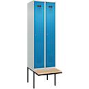 Kleiderspind C+P Evolo Plus, 2 Abteile à 300 mm Breite, schwebende Sitzbank, B 600 x T 815 x H 2120 mm, Zylinder, lichtblau/lichtgrau