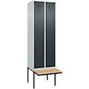 Kleiderspind C+P Evolo Plus, 2 Abteile à 300 mm Breite, schwebende Sitzbank, B 600 x T 815 x H 2120 mm, Zylinder, lichtgrau/anthratizgrau