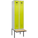 Kleiderspind C+P Evolo Plus, 2 Abteile à 300 mm Breite, schwebende Sitzbank, B 600 x T 815 x H 2120 mm, Zylinder, lichtgrau/clowngrün