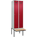 Kleiderspind C+P Evolo Plus, 2 Abteile à 300 mm Breite, schwebende Sitzbank, B 600 x T 815 x H 2120 mm, Zylinder, lichtgrau/rubinrot