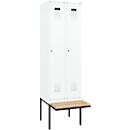 Kleiderspind C+P Evolo Plus, 2 Abteile à 300 mm Breite, schwebende Sitzbank, B 600 x T 815 x H 2120 mm, Zylinder, verkehrsweiß/verkehrsweiß