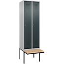 Kleiderspind C+P Evolo Plus, 2 Abteile à 300 mm Breite, schwebende Sitzbank, B 600 x T 815 x H 2120 mm, Zylinder, weißaluminium/anthrazitgrau