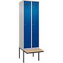 Kleiderspind C+P Evolo Plus, 2 Abteile à 300 mm Breite, schwebende Sitzbank, B 600 x T 815 x H 2120 mm, Zylinder, weißaluminium/enzianblau