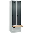Kleiderspind C+P Evolo Plus, 2 Abteile à 300 mm Breite, Sockel, schwebende Sitzbank, B 600 x T 815 x H 1950 mm, Drehriegel, lichtgrau/anthrazitgrau