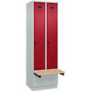 Kleiderspind C+P Evolo Plus, 2 Abteile à 300 mm Breite, Sockel, schwebende Sitzbank, B 600 x T 815 x H 1950 mm, Drehriegel, lichtgrau/rubinrot